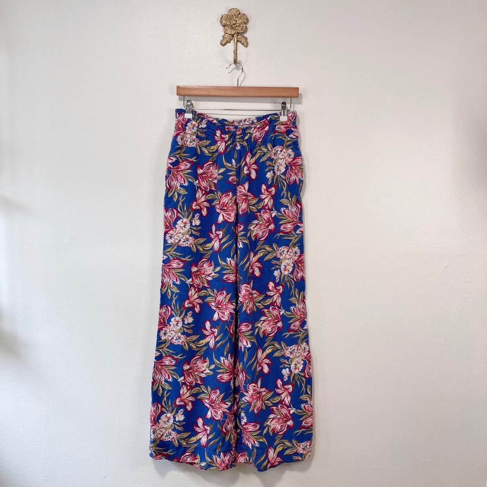 Blue Floral Linen Blend Wide Leg Pants A New Day M Tropical Boho Summer Beach